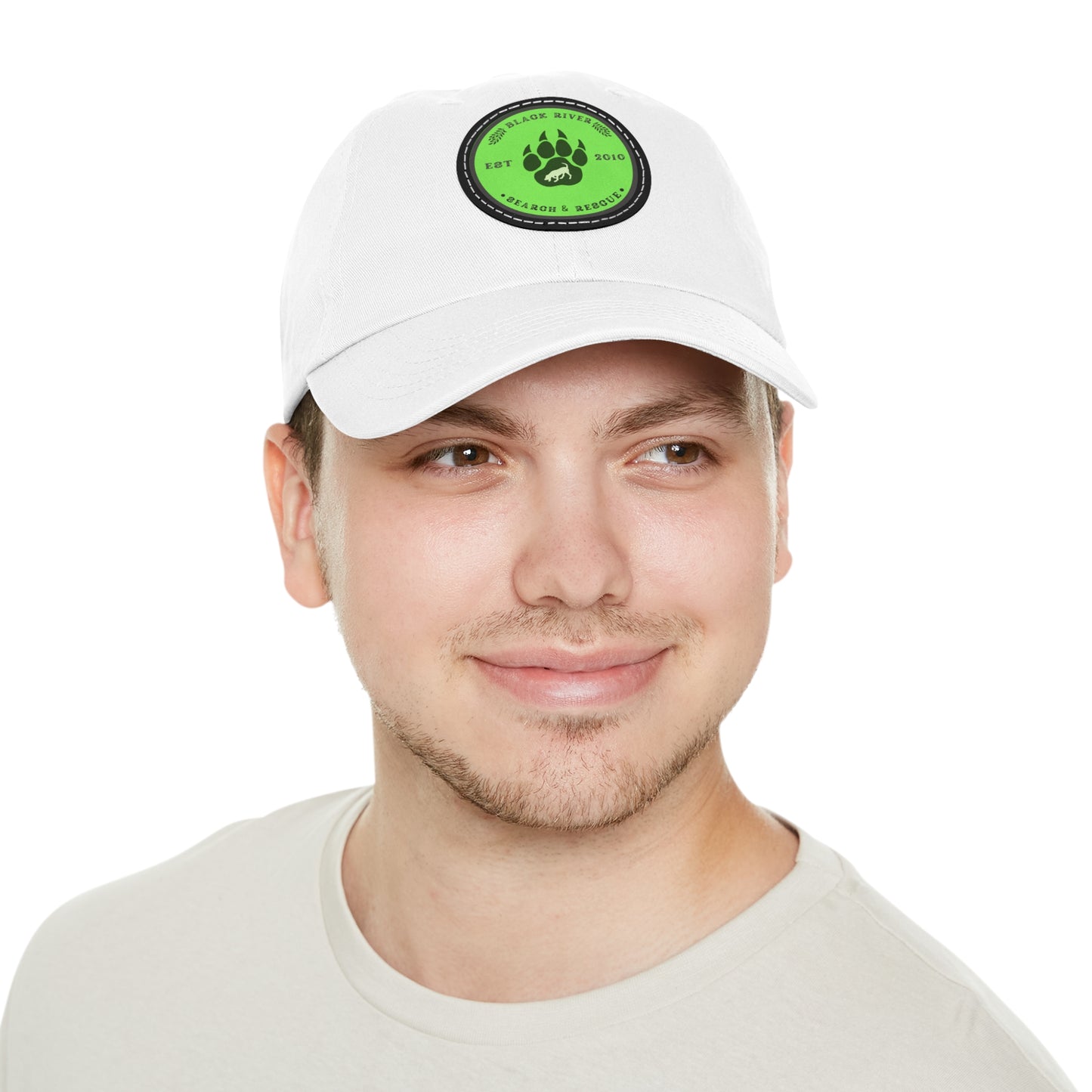 Unisex Hat with Leather Patch (Round), Black River Search & Rescue Logo, Lime Green patch