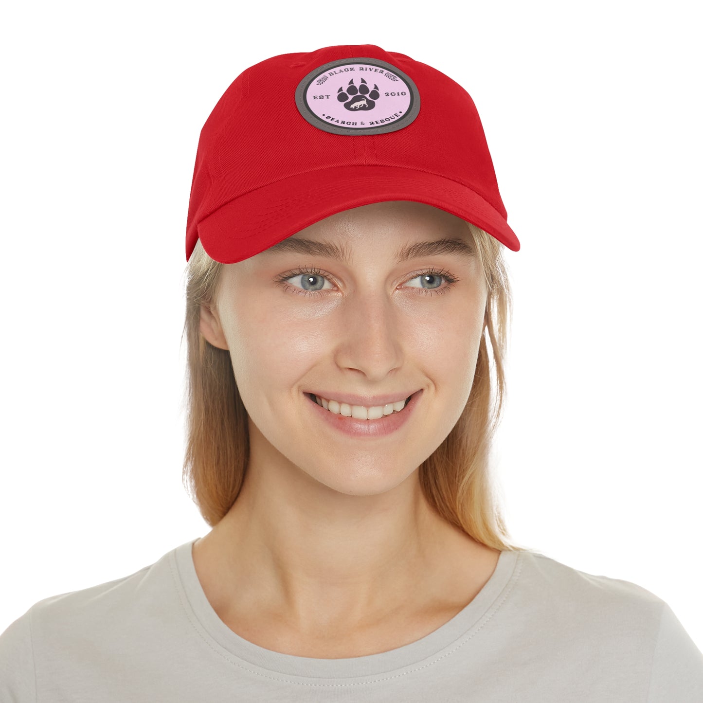 Copy of Unisex Hat with Leather Patch (Round), Black River Search & Rescue Logo, Pink patch