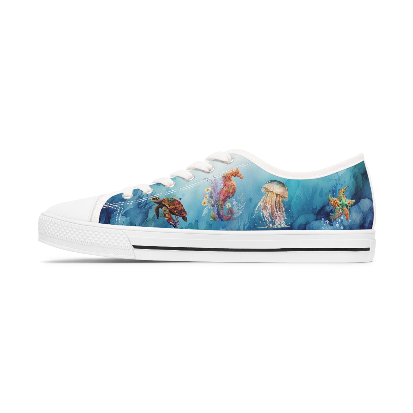 Women's Low Top Sneakers, Under Sea, Jellyfish, Turtle, Seahorse, Starfish