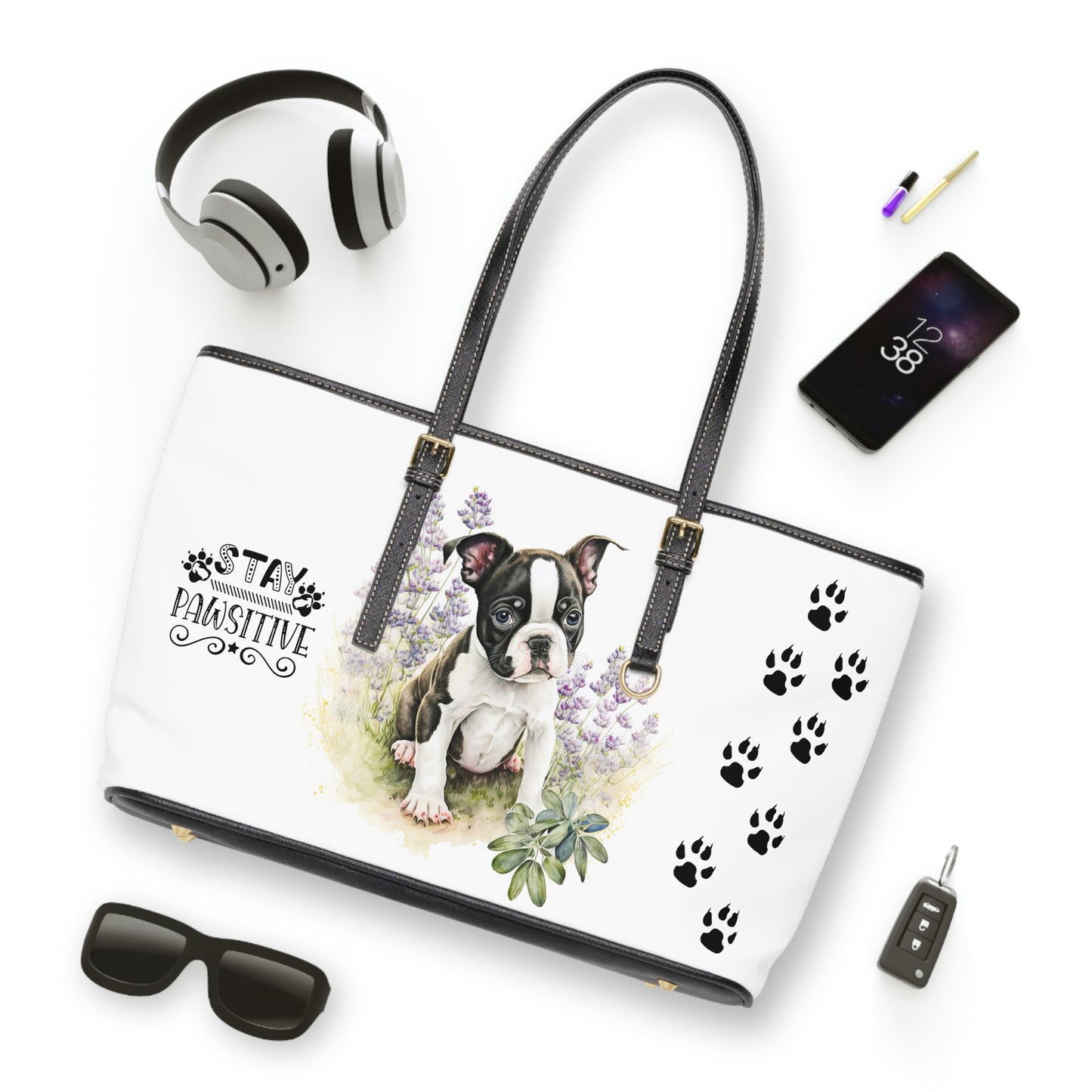 Boston Terrier Puppy Leather Shoulder Bag two Boston Terrier puppies You Had Me at Woof Stay Pawsitive