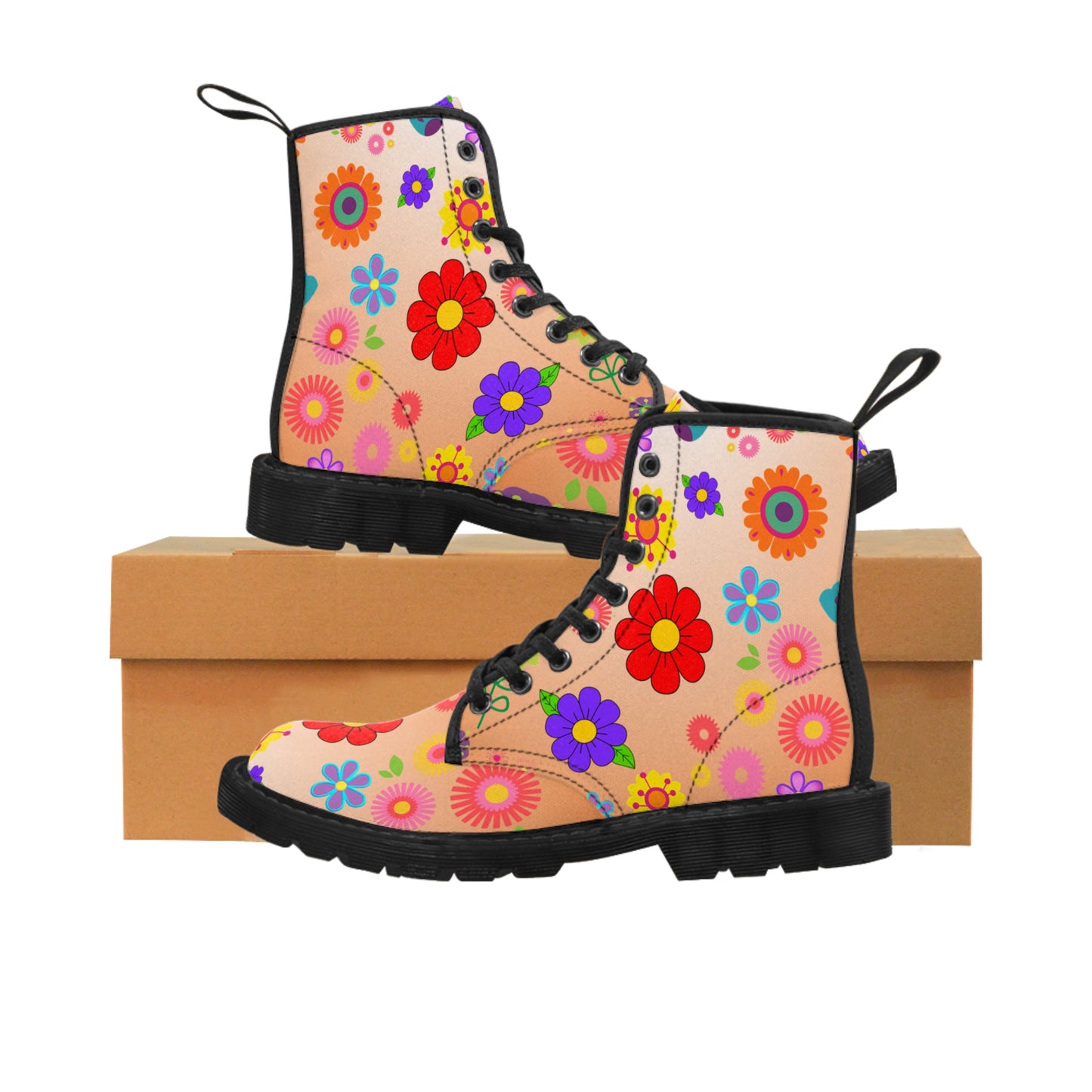 Women's Canvas Boots, Peach, Orange, Flowers, Multi-Color, Retro