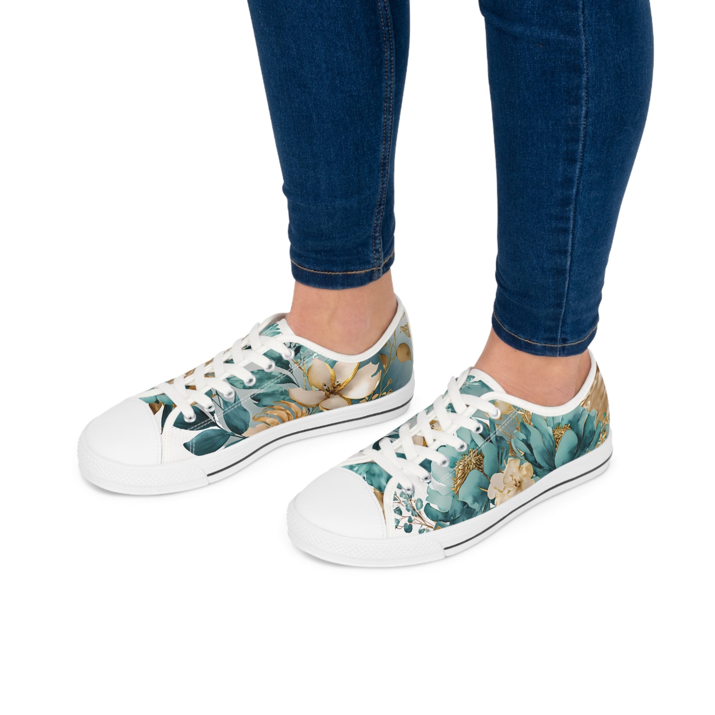 Women's Low Top Sneakers, Turquoise, Gold, Multi-color flowers