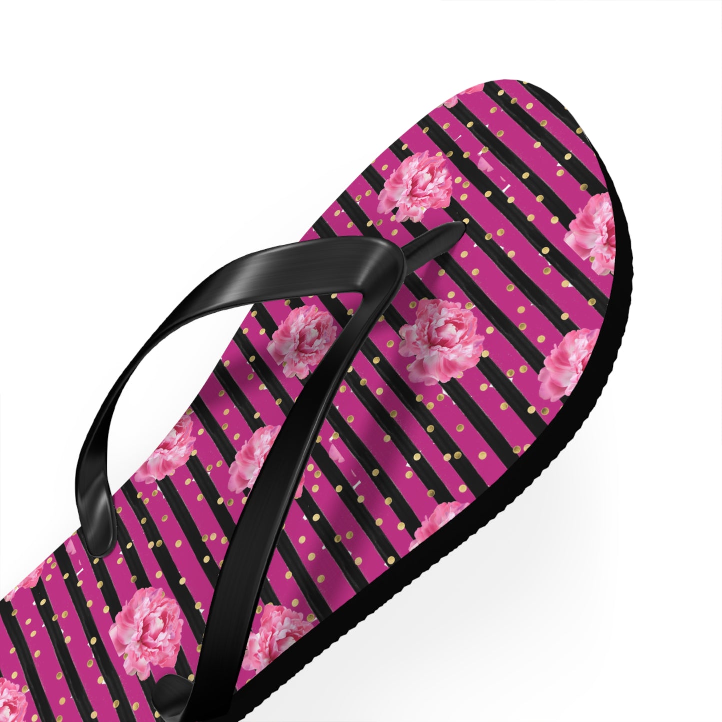 Bright Pink rose and black striped Flip Flops