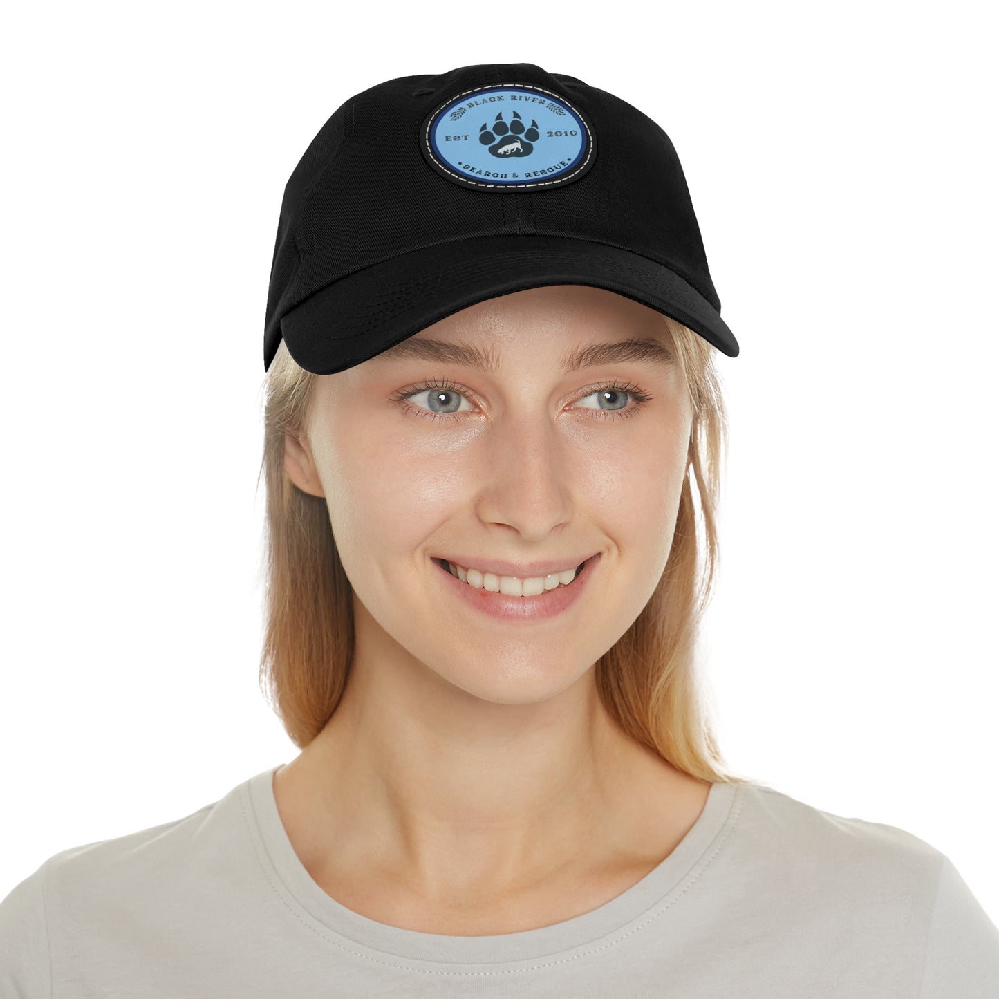 Unisex Hat with Leather Patch (Round), Black River Search & Rescue Logo, Blue patch