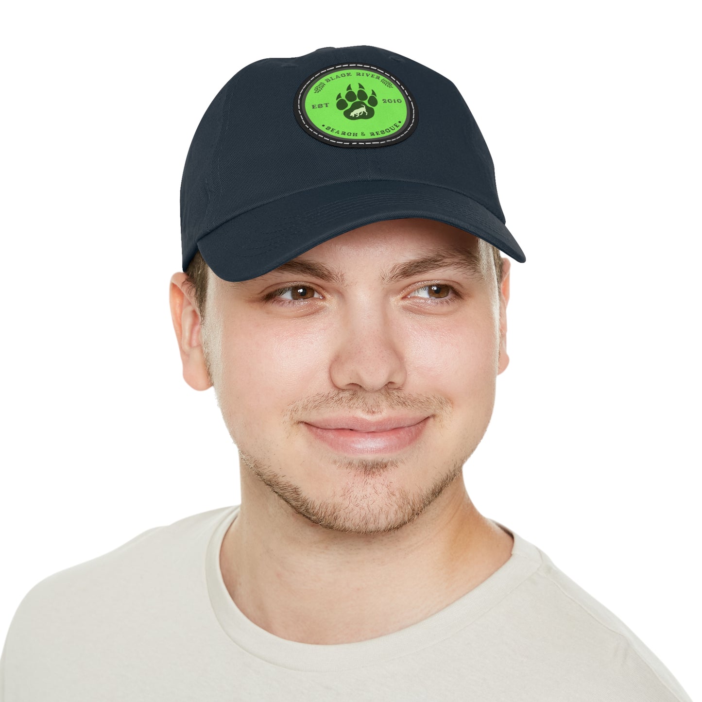 Unisex Hat with Leather Patch (Round), Black River Search & Rescue Logo, Lime Green patch