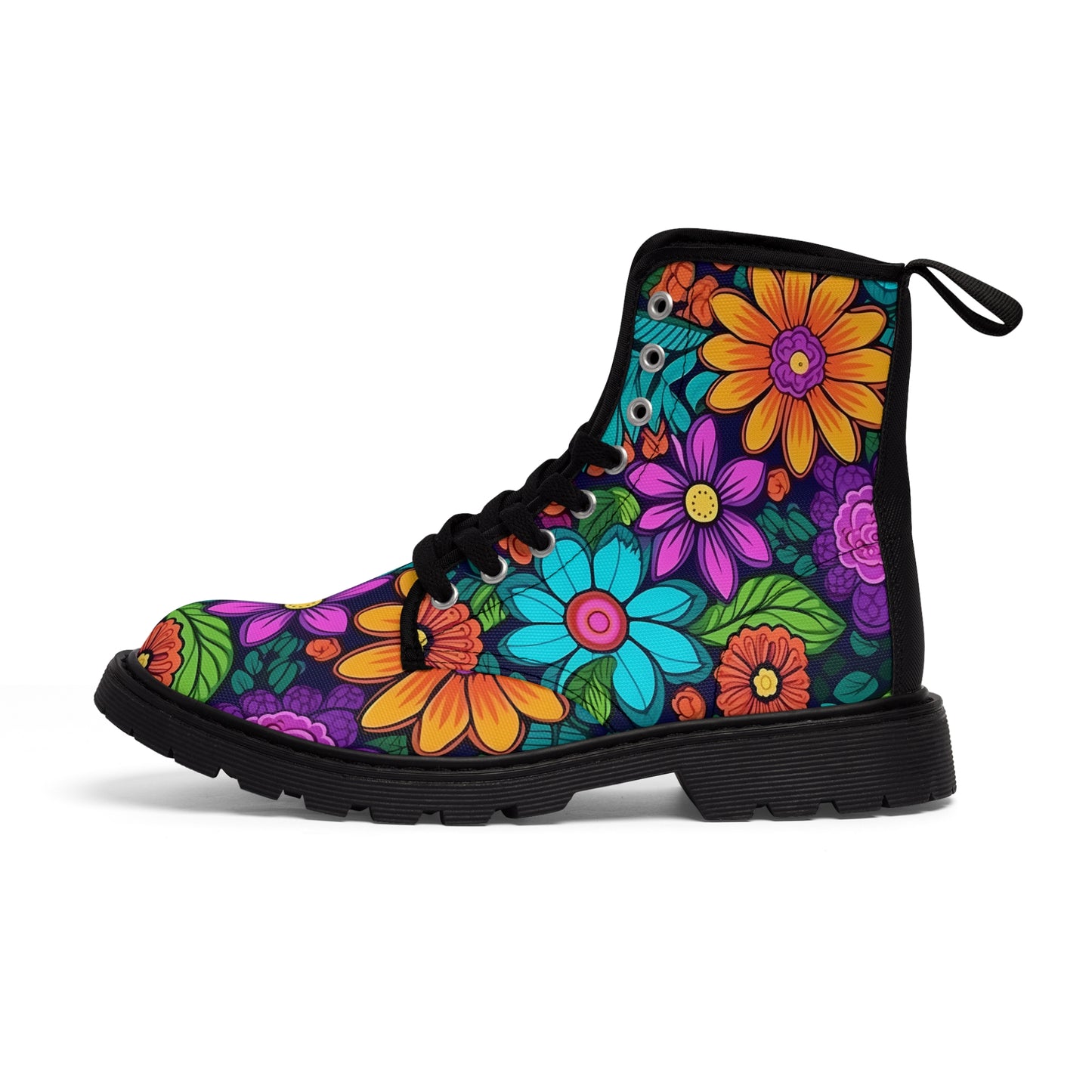 Women's Canvas Boots, Daisies, Sunflowers, Yellow, Purple, Aqua, Flowers, Retro