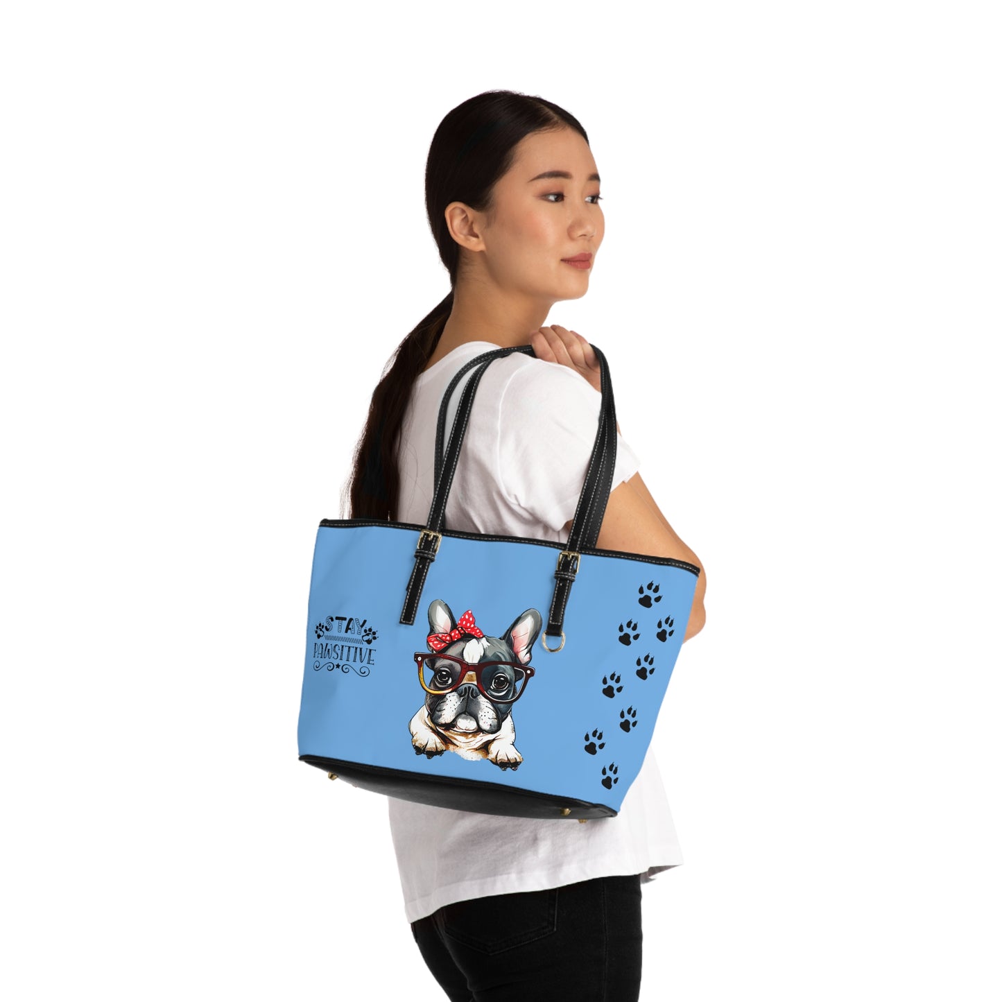 French Bulldog Leather Shoulder Bag light blue two Frenchie pictures You Had Me at Woof Stay Pawsitive