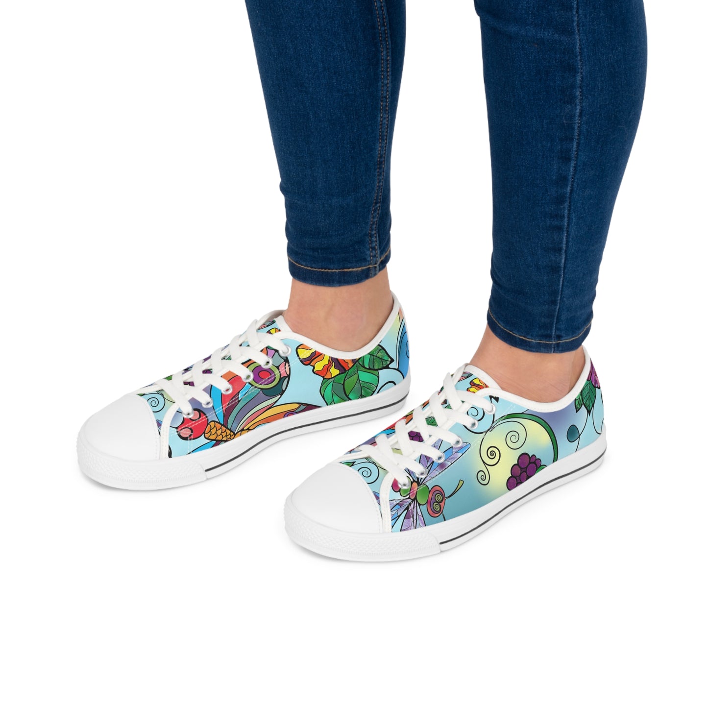 Women's Low Top Sneakers, Butterfly, Flower, Colorful, dragonfly