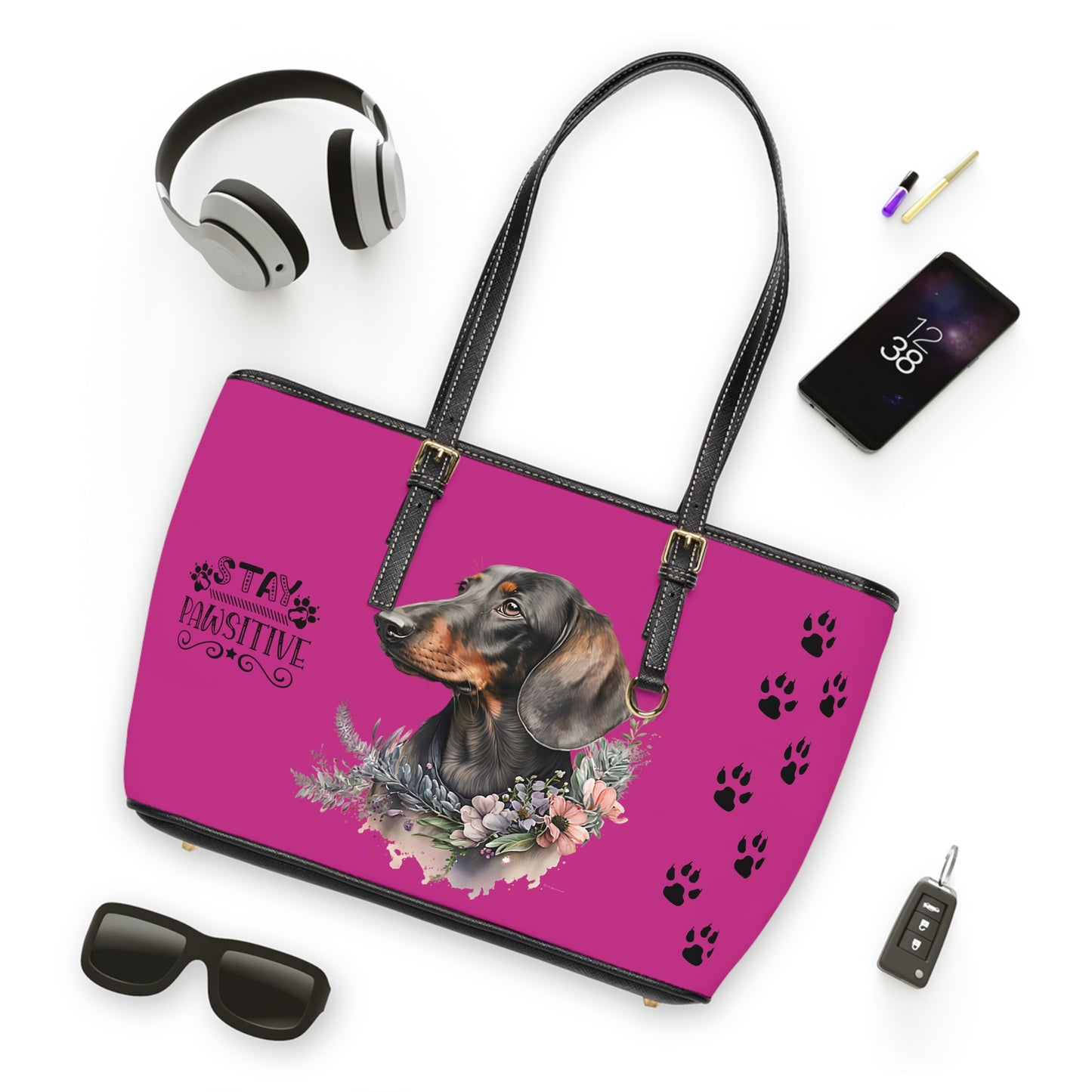 Pink Dachshund Leather Shoulder Bag You Had Me at Woof Stay Pawsitive