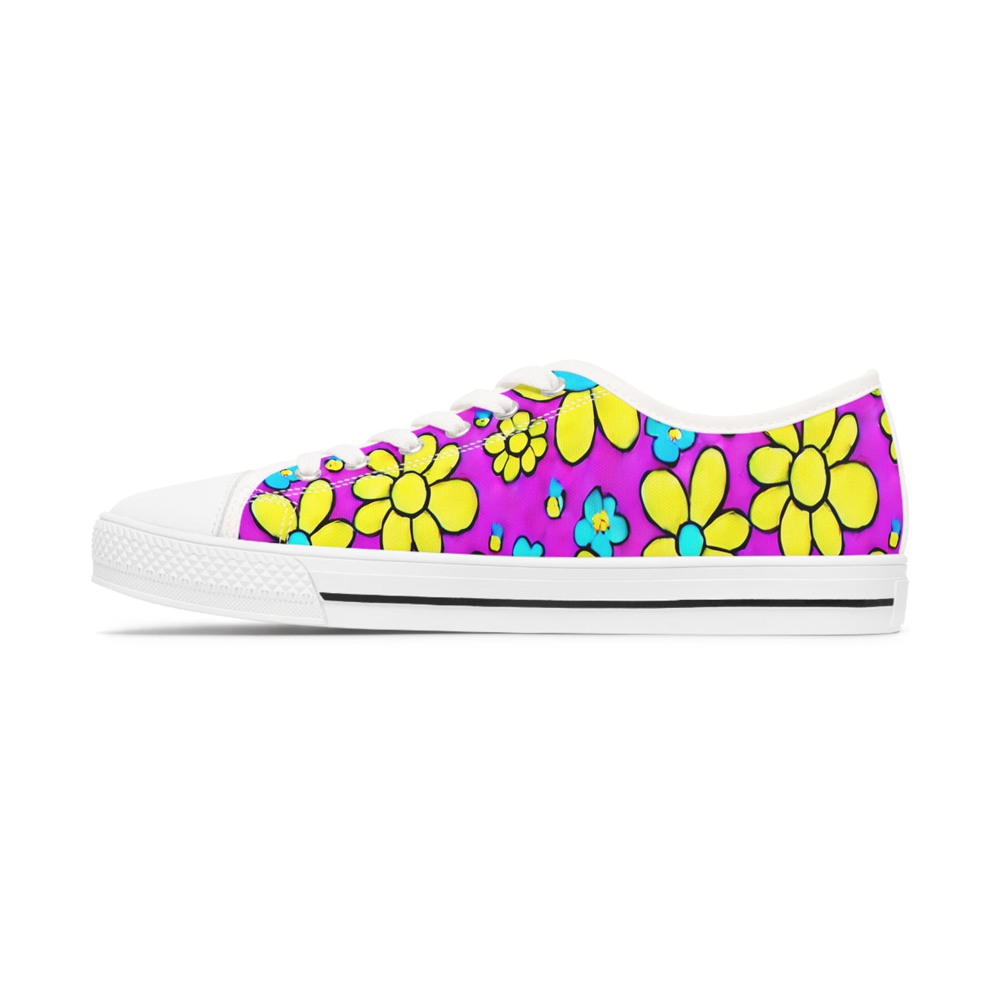 Women's Low Top Sneakers, Retro Flowers, Purple, Yellow, Multi-color flowers