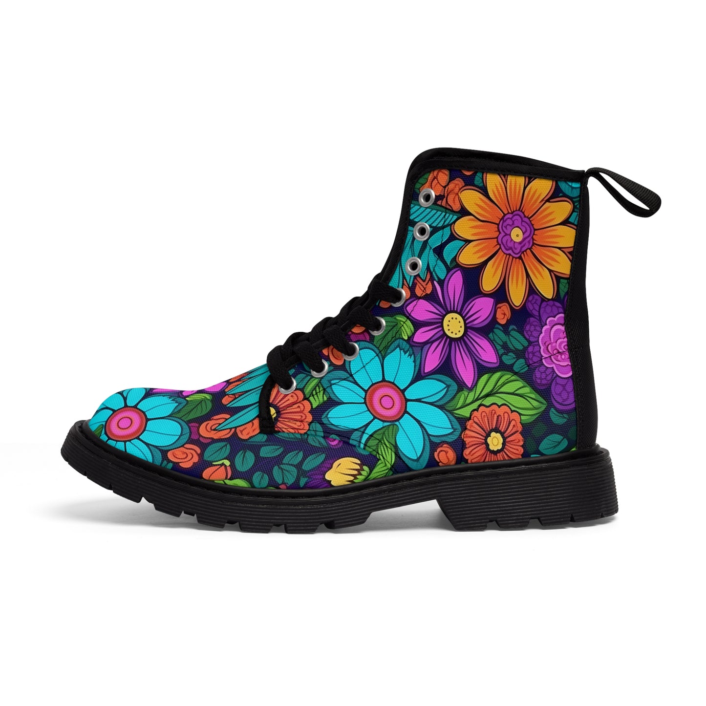 Women's Canvas Boots, Daisies, Sunflowers, Yellow, Purple, Aqua, Flowers, Retro