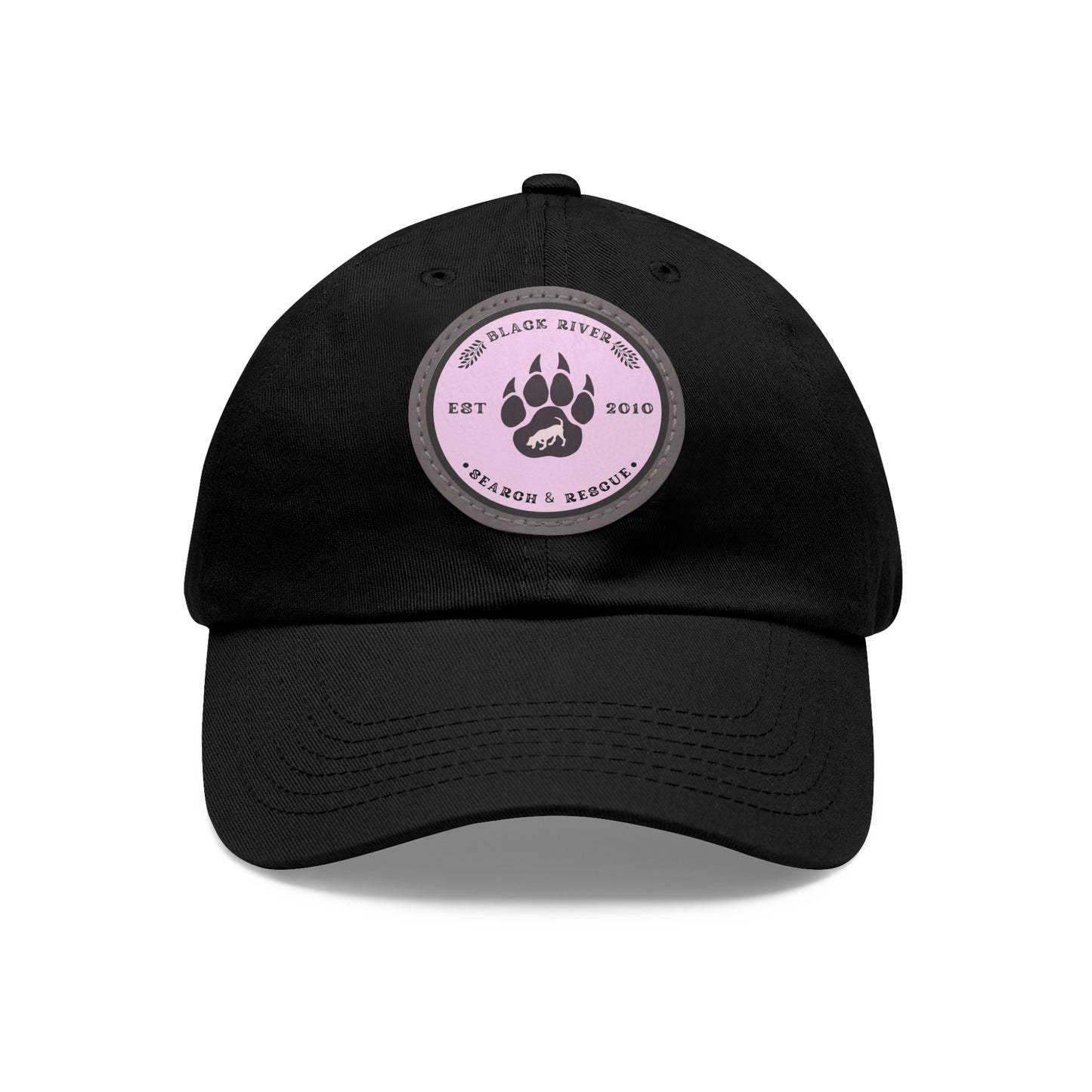 Copy of Unisex Hat with Leather Patch (Round), Black River Search & Rescue Logo, Pink patch