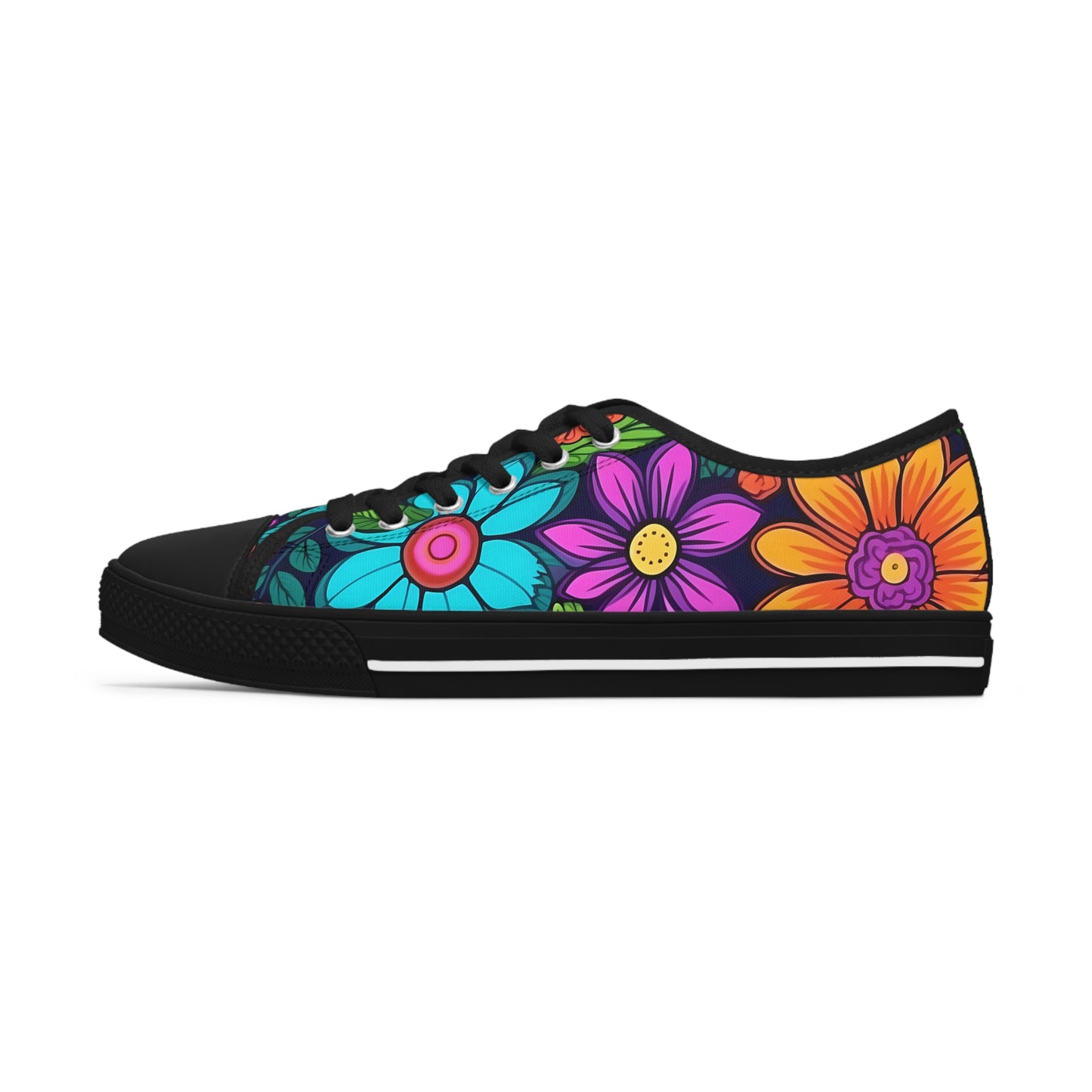 Women's Low Top Sneakers, Retro Flowers, Purple, Aqua, Multi-color floral