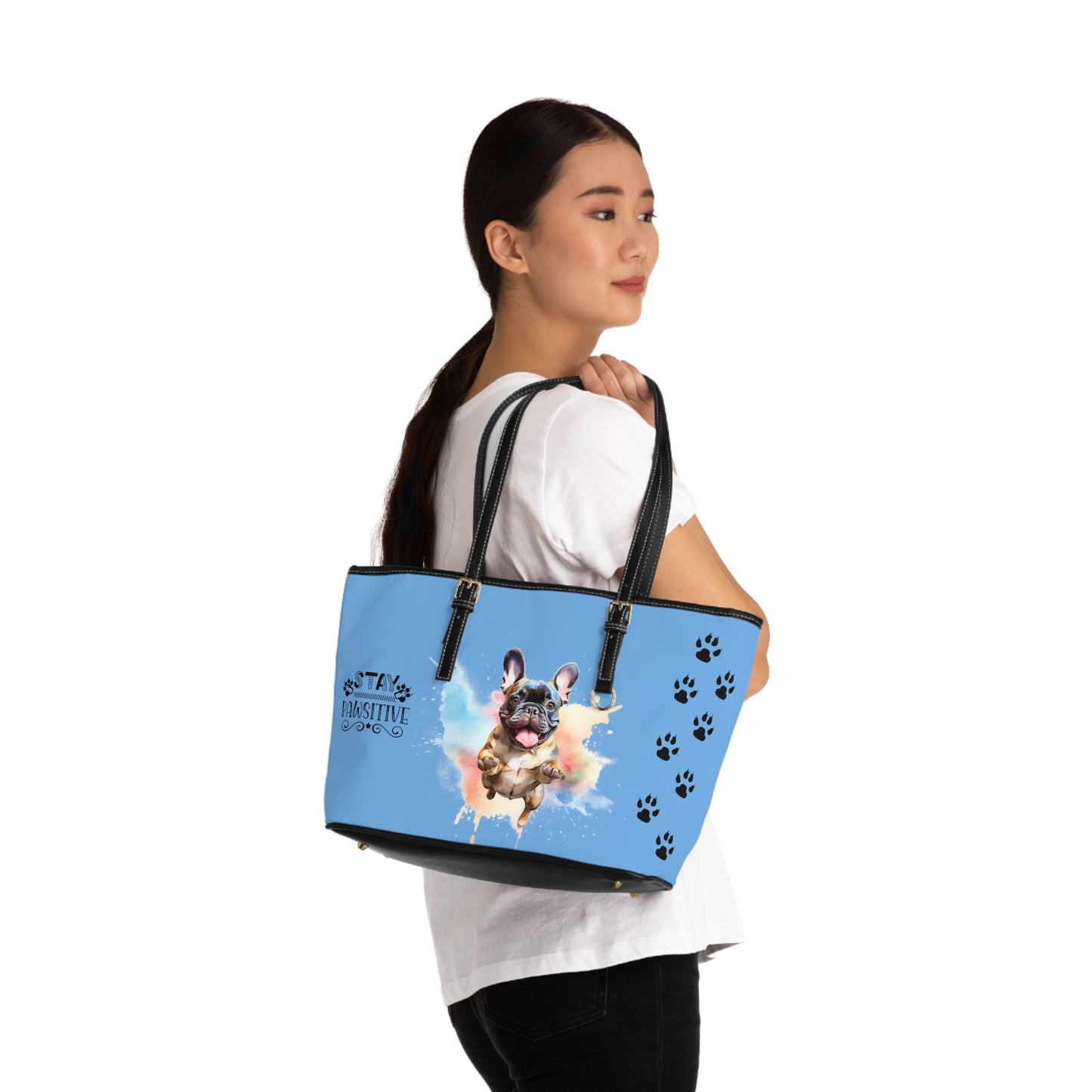 French Bulldog Leather Shoulder Bag Light Blue two Frenchie pictures You Had Me at Woof Stay Pawsitive