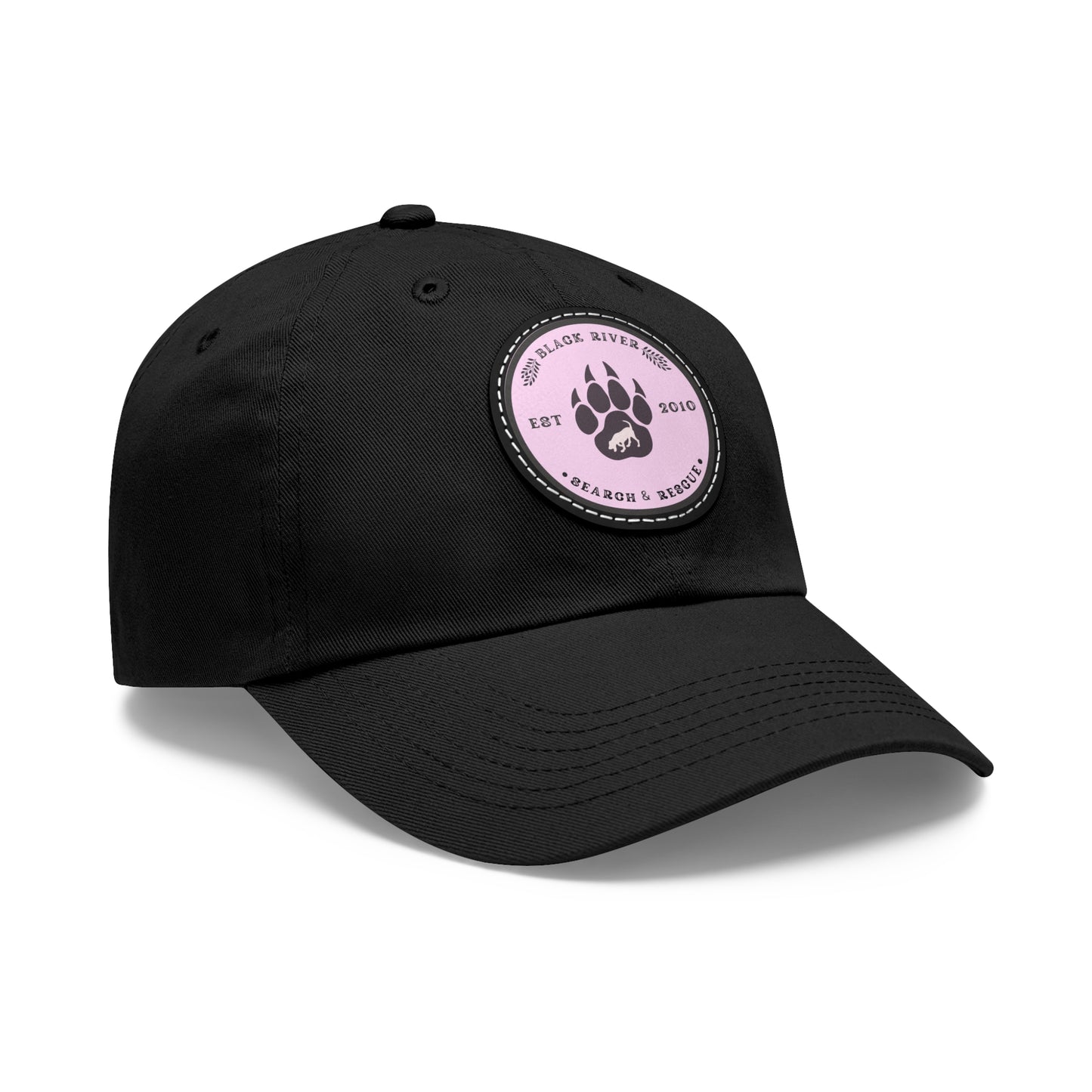 Copy of Unisex Hat with Leather Patch (Round), Black River Search & Rescue Logo, Pink patch