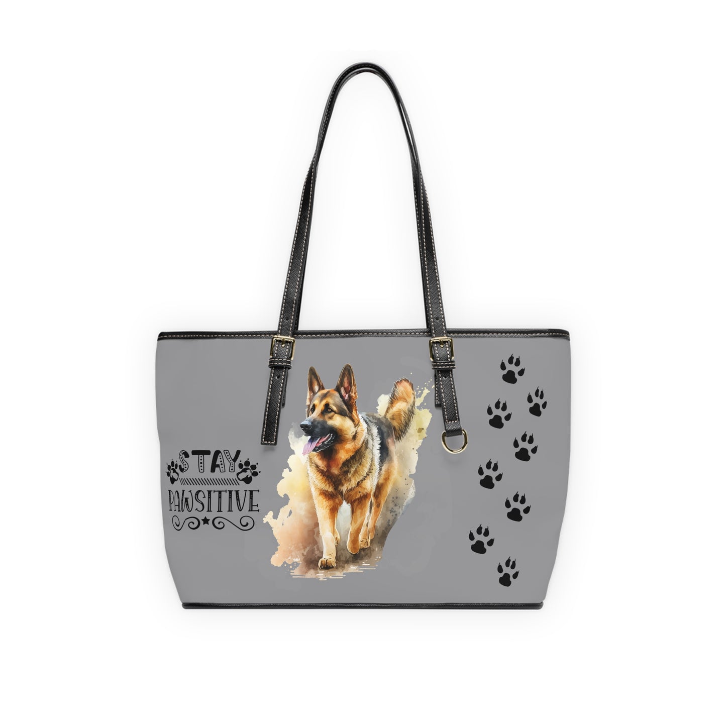 German Shepard Leather Shoulder Bag Grey You had me at Woof Stay Pawsitive Tote