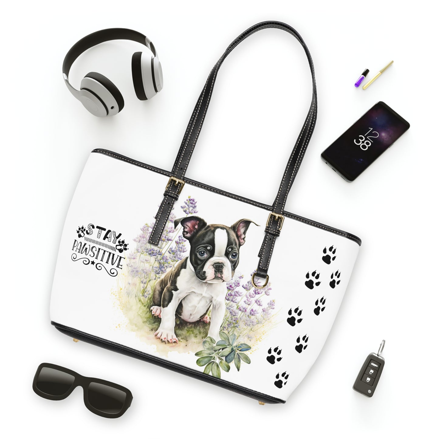 Boston Terrier Puppy Leather Shoulder Bag two Boston Terrier puppies You Had Me at Woof Stay Pawsitive