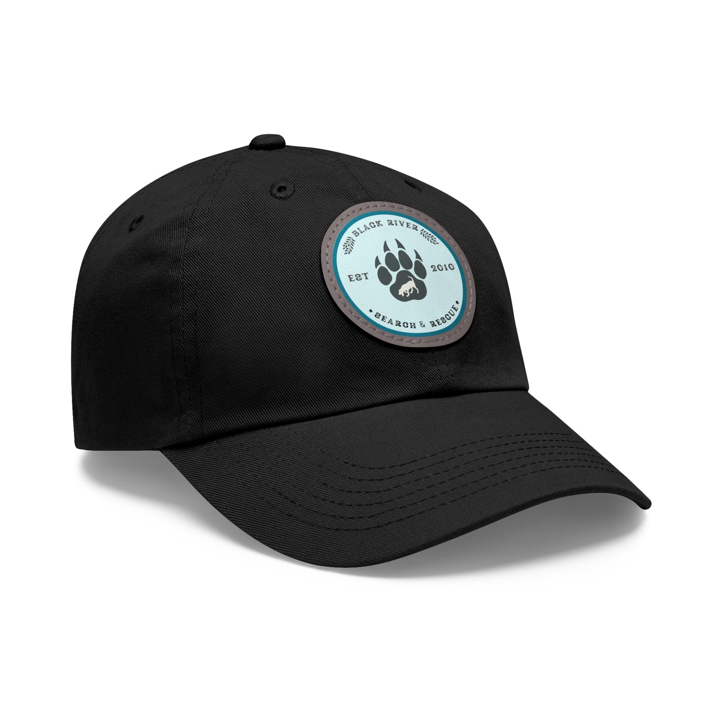 Unisex Hat with Leather Patch (Round), Black River Search & Rescue Logo, Turquoise patch