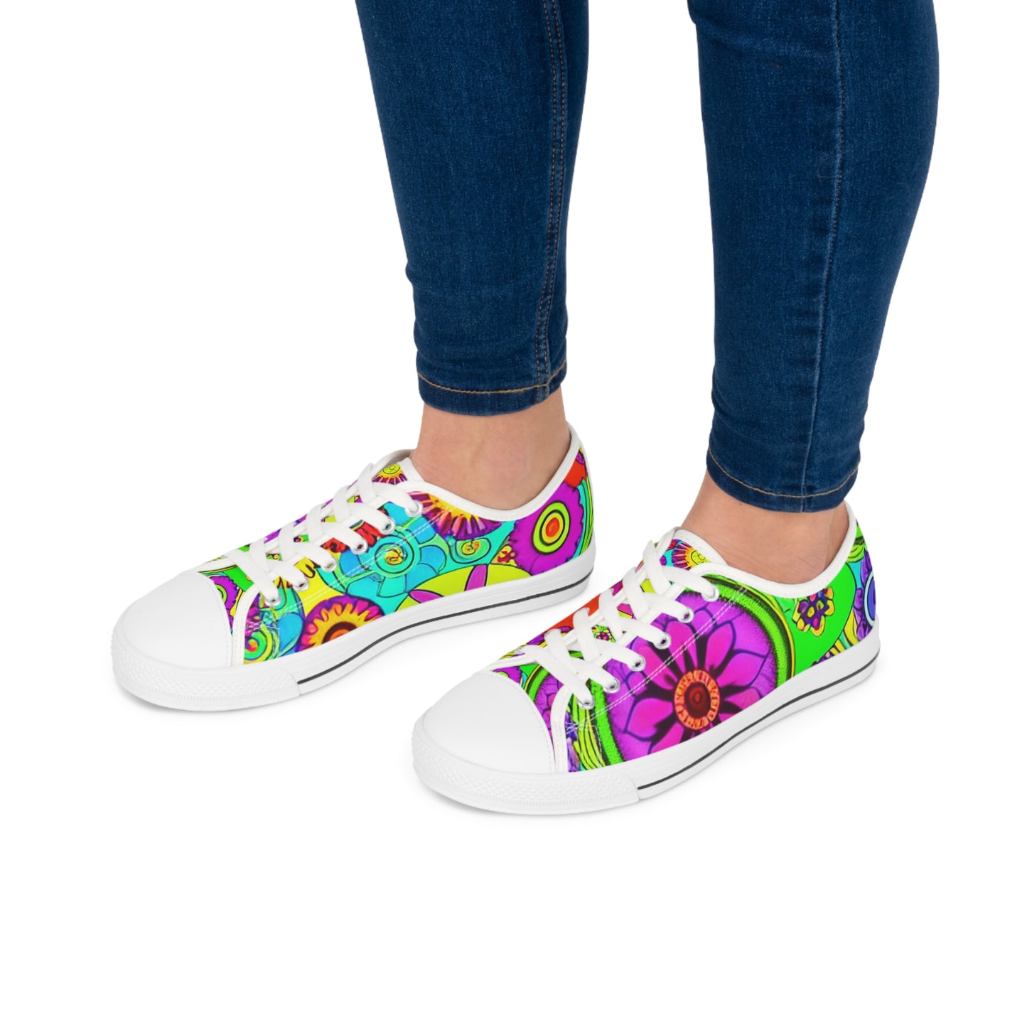 Women's Low Top Sneakers, Retro Flowers, Purple, Multi-color flowers