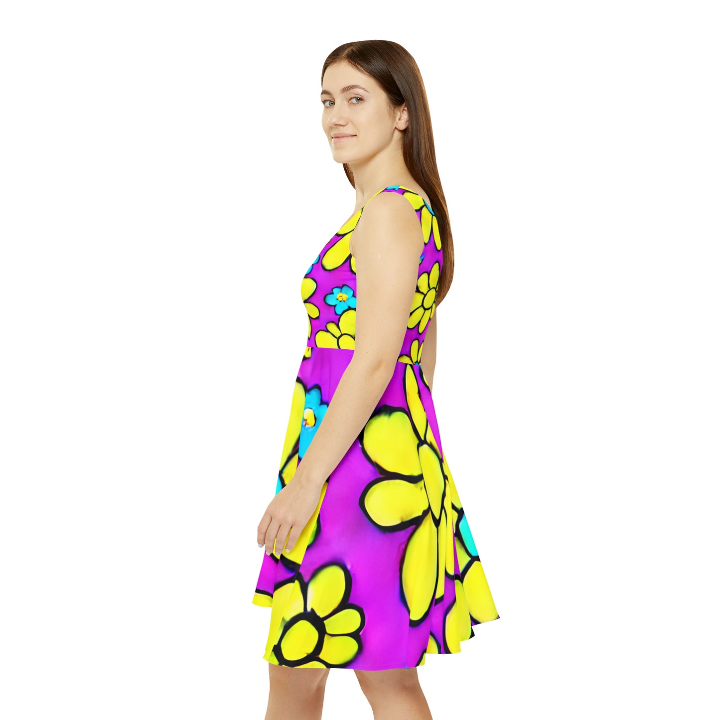 Women's Skater Dress (AOP)m Purple, Yellow, Retro, Flowers