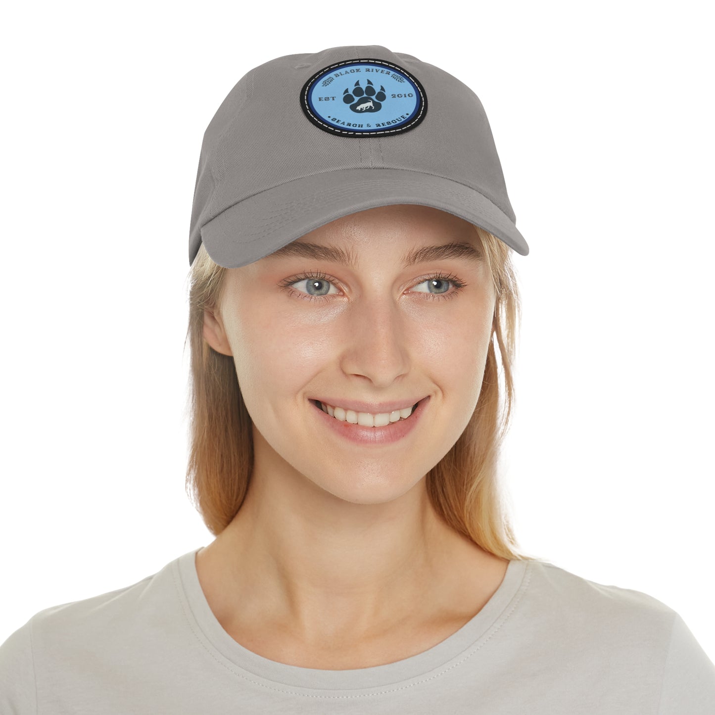 Unisex Hat with Leather Patch (Round), Black River Search & Rescue Logo, Blue patch