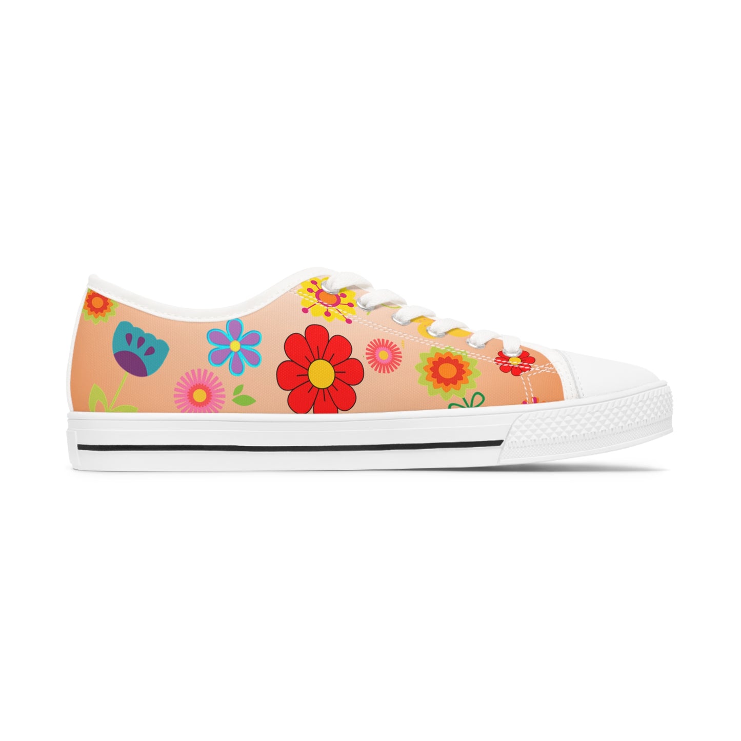 Women's Low Top Sneakers, Retro Flowers, Orange, Multi-color flowers