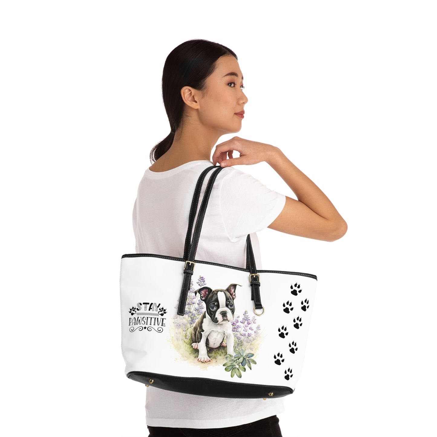 Boston Terrier Puppy Leather Shoulder Bag two Boston Terrier puppies You Had Me at Woof Stay Pawsitive