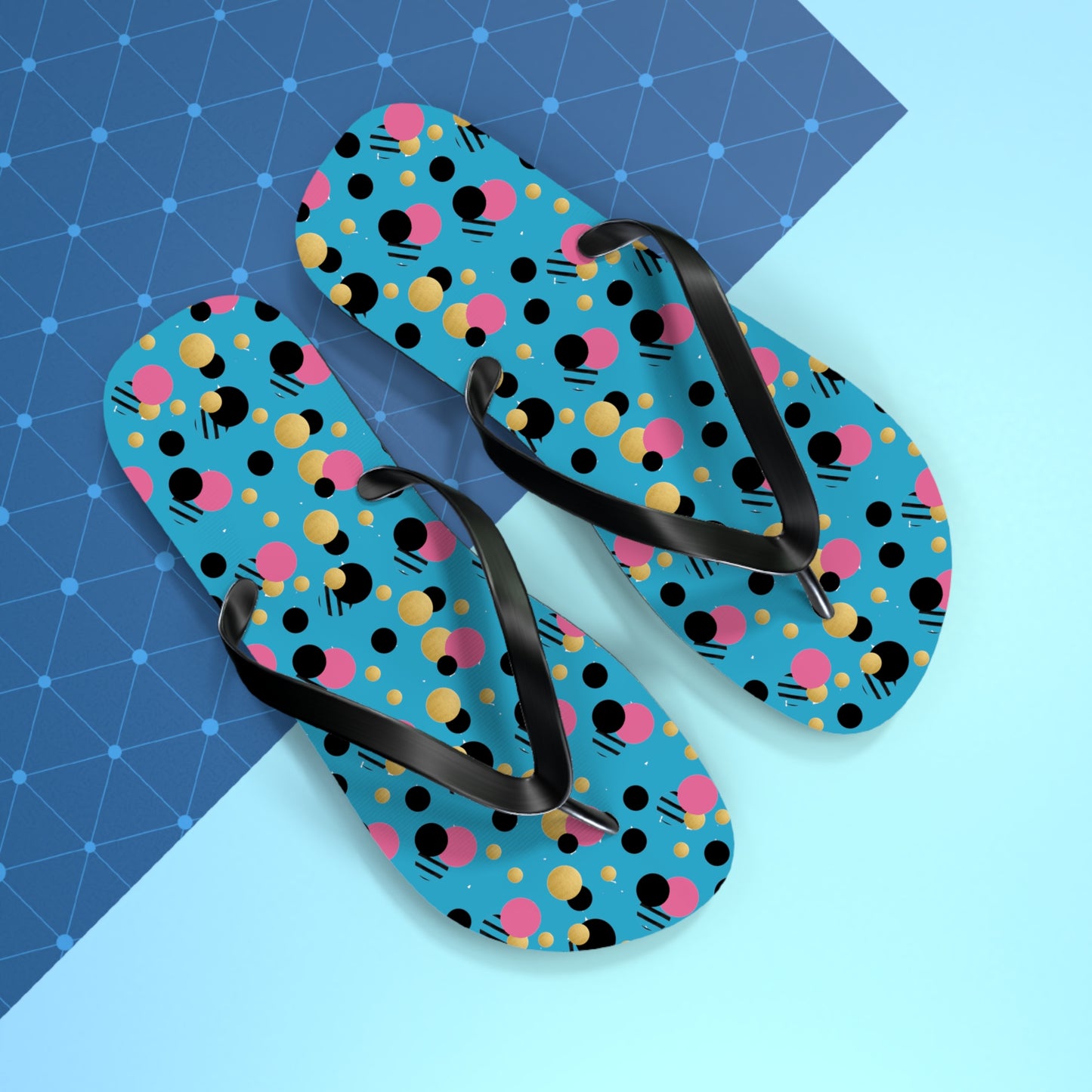 Turquoise pink, black gold polka dot Flip Flops