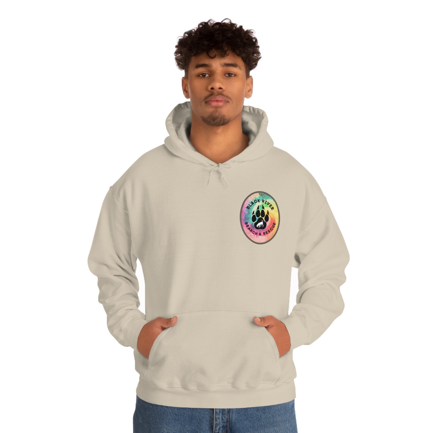 Tie Dye Black River Search & Rescue Logo with Lucy Unisex Heavy Blend™ Hooded Sweatshirt