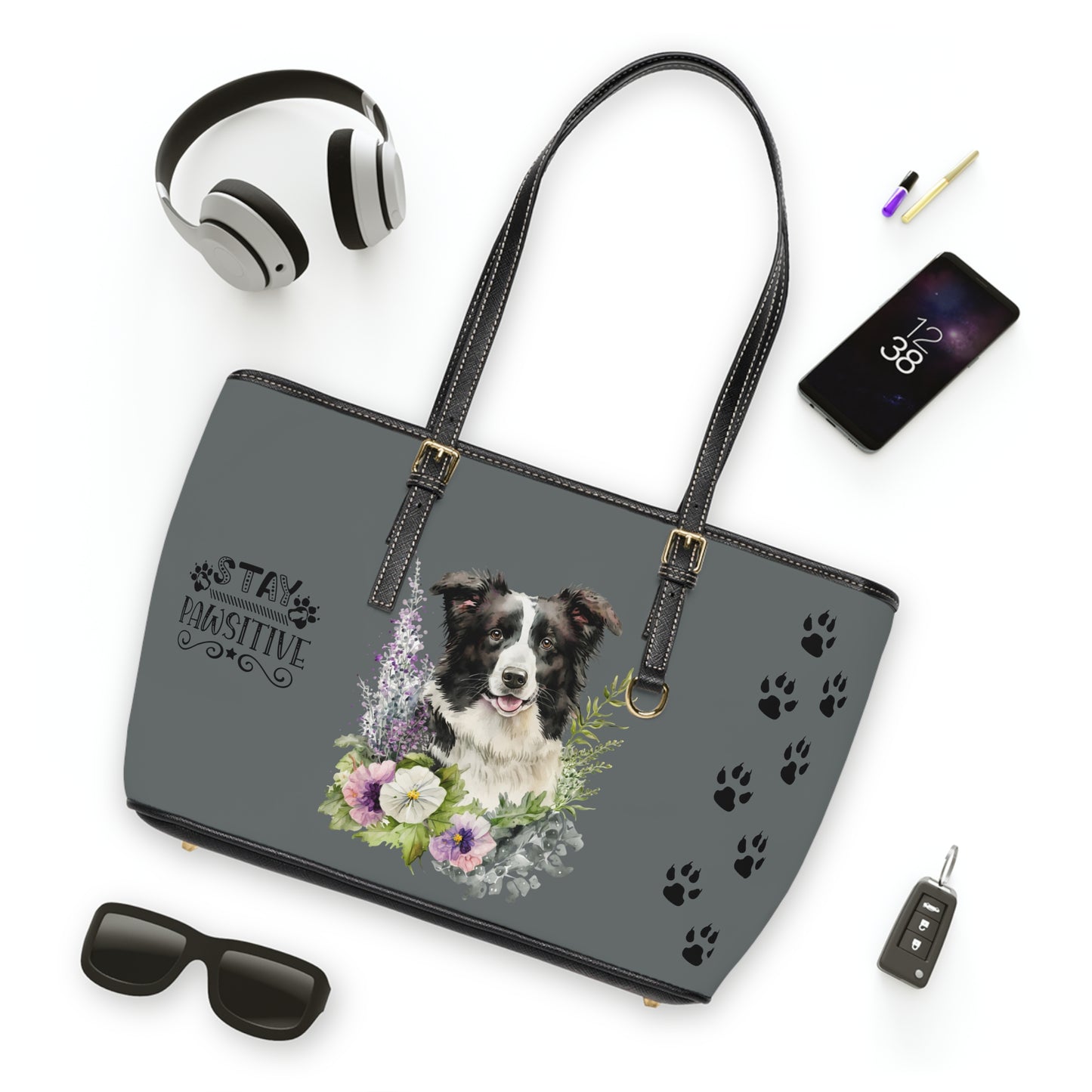 Dark Grey Border Collie Leather Shoulder Bag You Had Me at Woof Stay Pawsitive