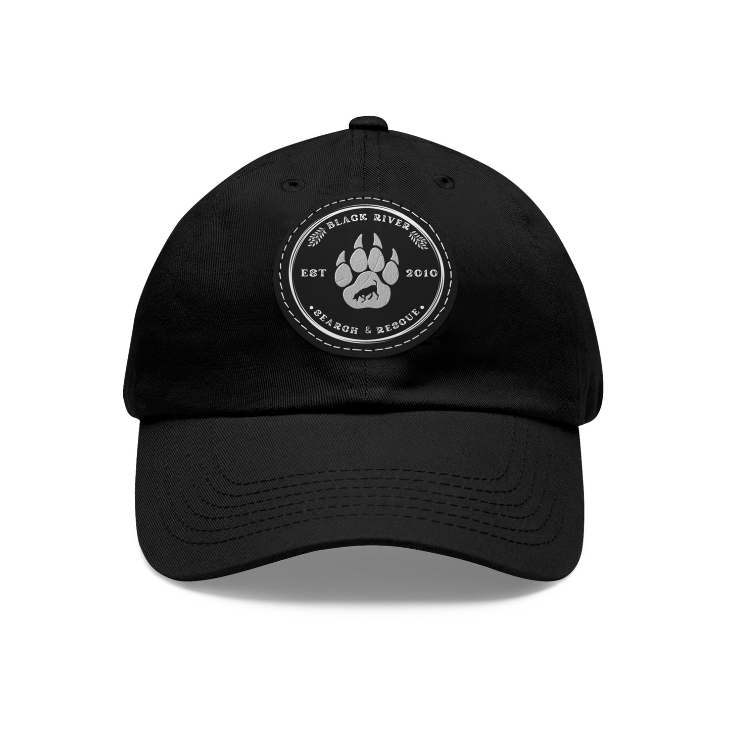 Unisex Hat with Leather Patch (Round), Black River Search & Rescue Logo, black & white patch